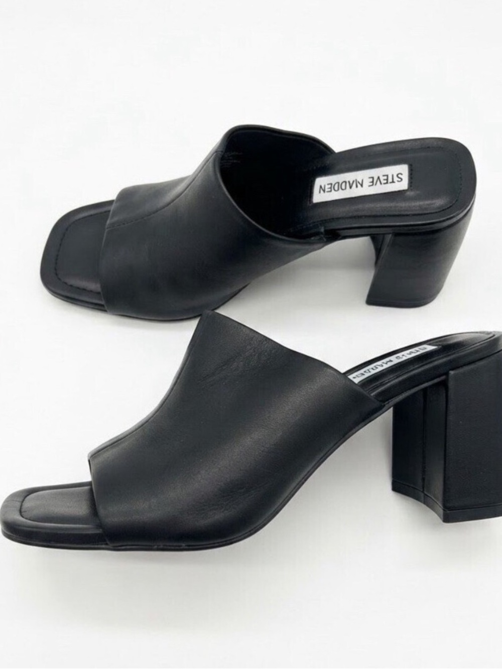 Steve Madden Artin Leather Square Open Toe Slide On Block Heel Mule Sandals 7.5